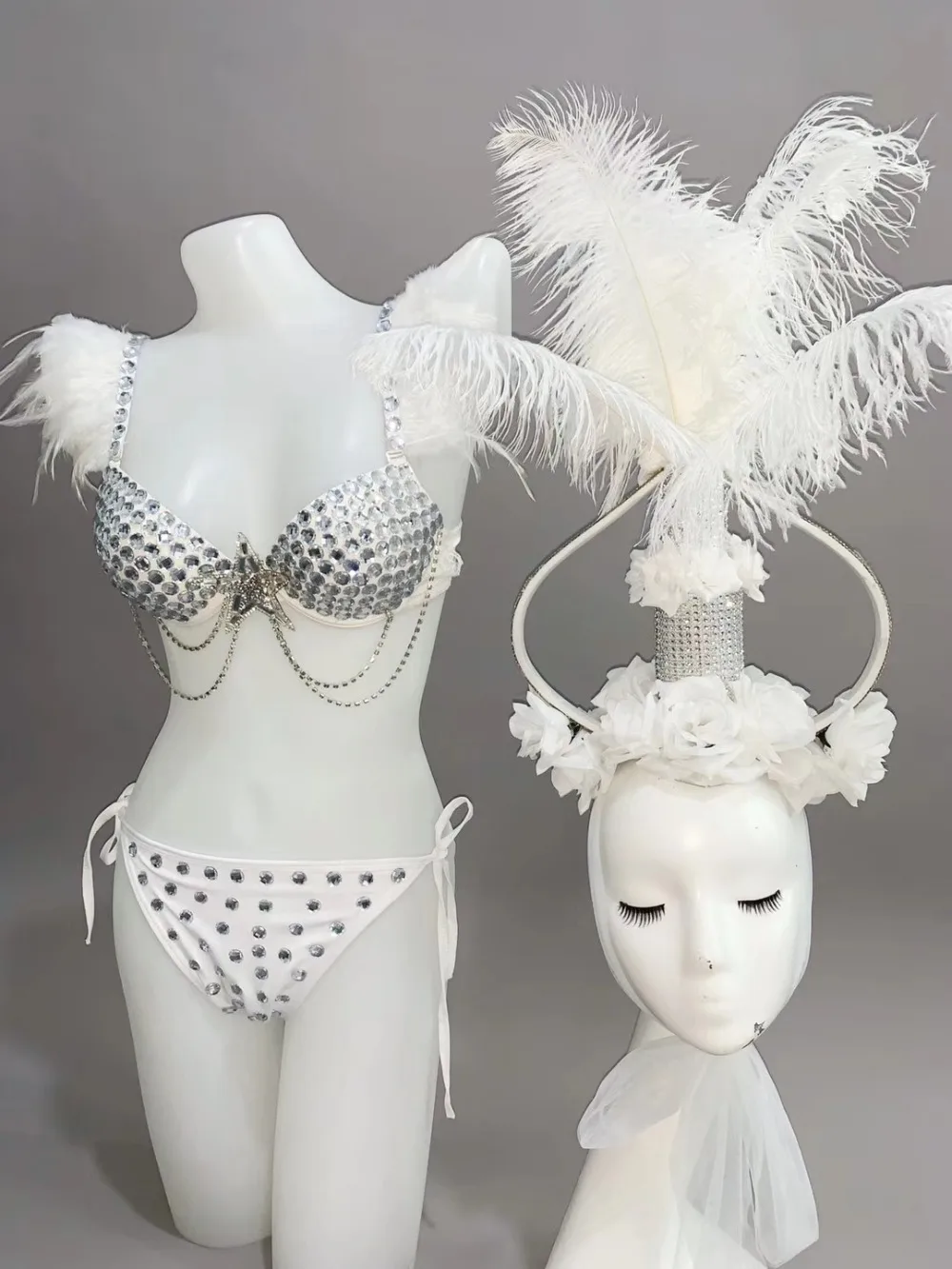 Блестящие стразы бикини черные белые цветы перья головной убор Женский комплект