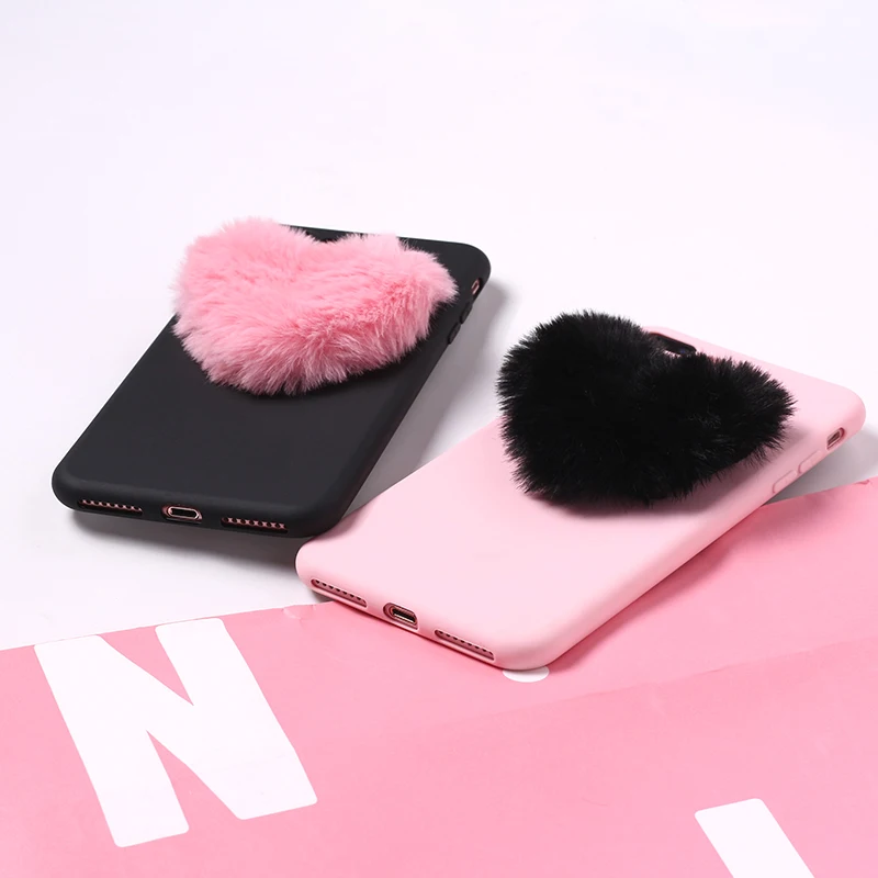 Lover Fluffy Fur Heart Pom Soft Candy Matte Phone Case For iPhone 6S 5S SE 8 8Plus X XS Max 7 7Plus Samsung S7 S8 S9 Plus |