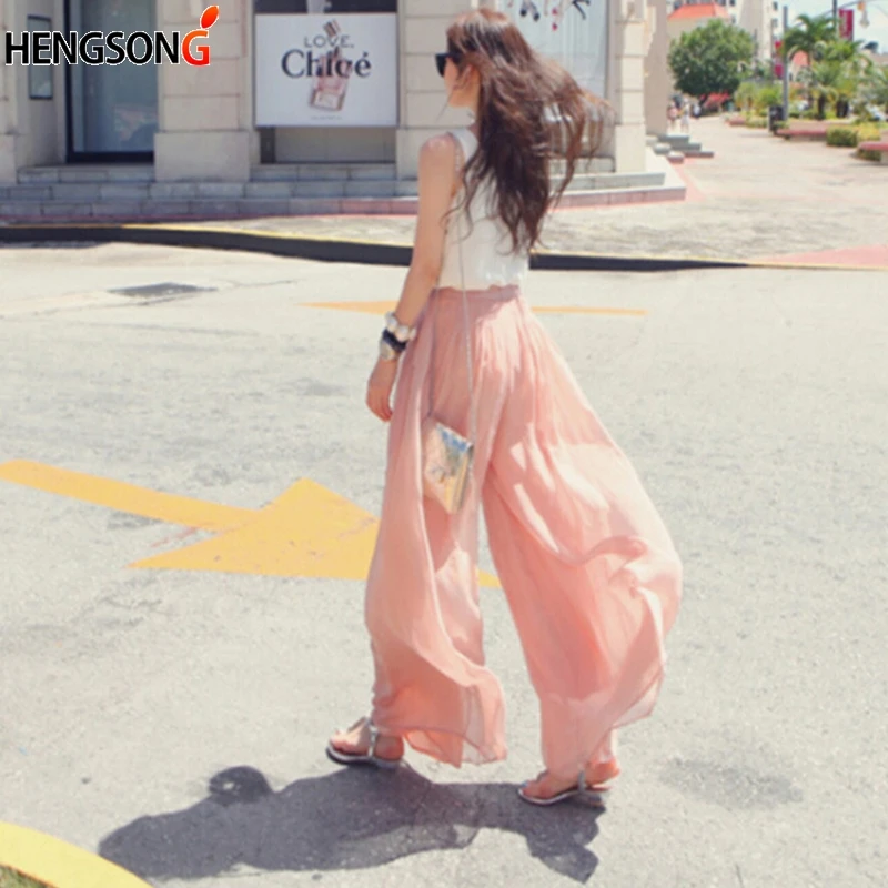 Летние шифоновые брюки женские модные розовые черные свободные повседневные