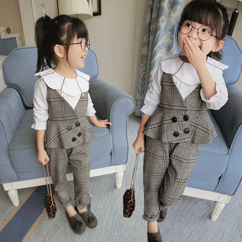 

Special Offer 2021 Spring Summer Girls Plaid Suit Female Baby Kid Vest Coat + Pants Clothes Twinset Children's Clothing Set X348