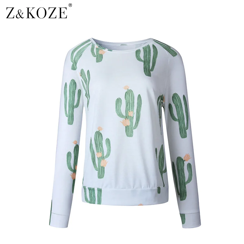 Z &amp koze Мода 2017 г. кактус печати Футболка Для женщин с длинным рукавом