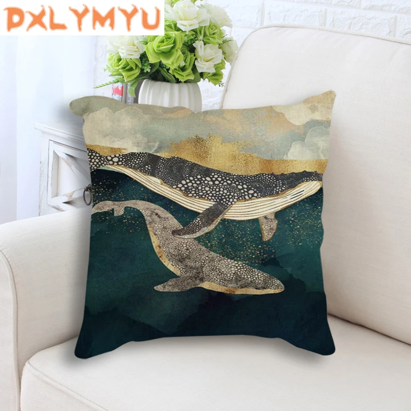 Square Throw Pillow 45x45cm Abstract Landscape Mountain Deer whale Nordic Cushion Back Seat Linen Sofa Home Decor | Дом и сад