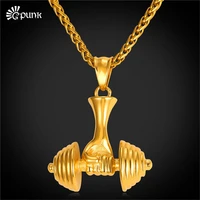 mens gold color barbell pendant necklace men jewelry gift fitness dumbbell necklace with stainless steel chain black collar p3
