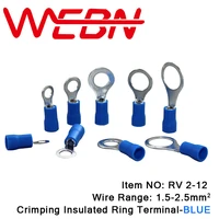 rv2 12 crimping insulated ring terminal 0 8mm thick copperpvc material blue for wire range 1 5 2 5mm2 16 14 awg 1000pcspack