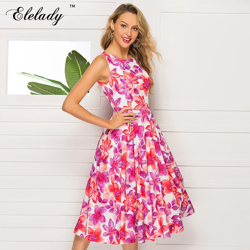 Southpire Women Sleeveless Midi Dress 2020 Spring Summer Fashion Floral Printed A line Elegant Casual Dress| |