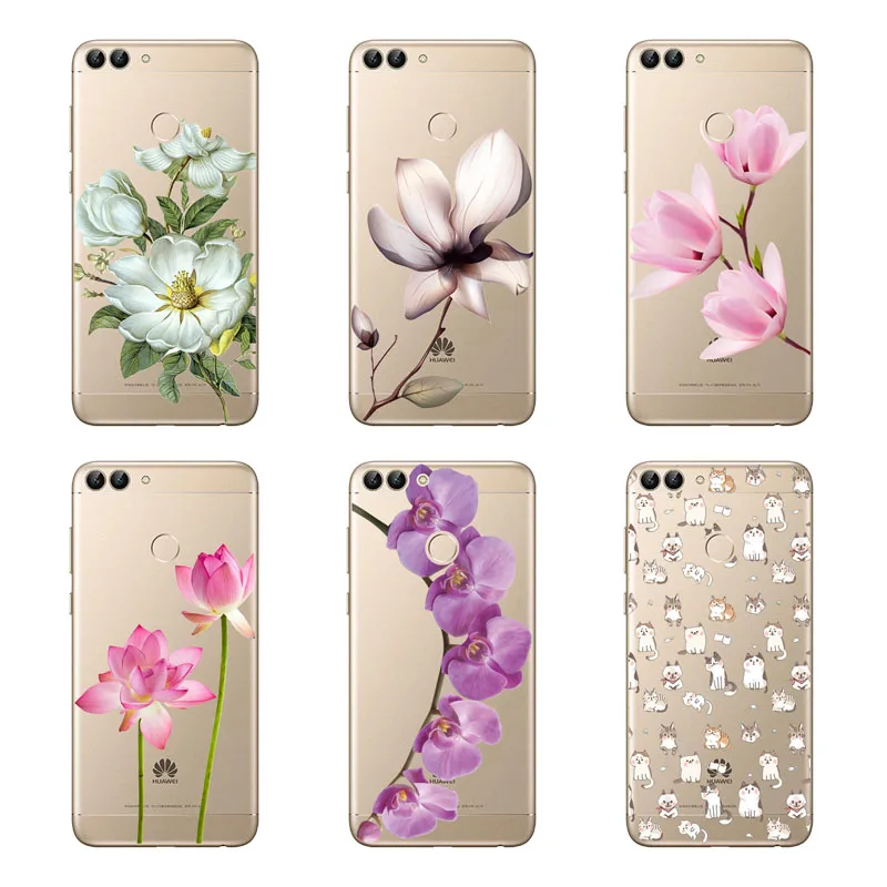 Huawei p smart Case силиконовый черный чехол с цветочным рисунком мягкая задняя крышка из