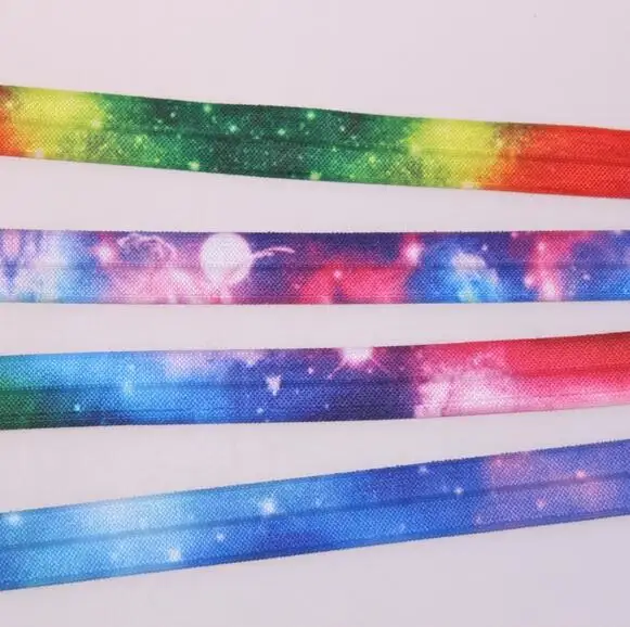 

100Yard DHL Free shippin Ombre Rainbow Fold Elastic Bands Starry Printed 1.5cm FOE elastic Band for DIY ponytail holder