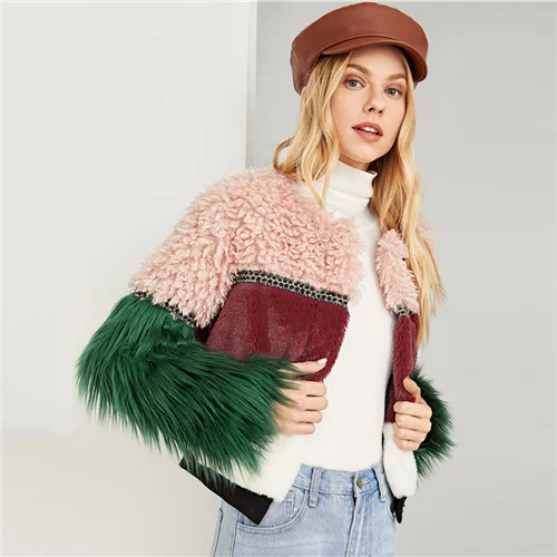 Многоцветный Dotfashion, на молнии, с цветным блоком, из искусственного меха, плюшевое пальто, женская Повседневная зимняя одежда с длинными рукавами, Женская разноцветная верхняя одежда на выход - Цвет: Многоцветный