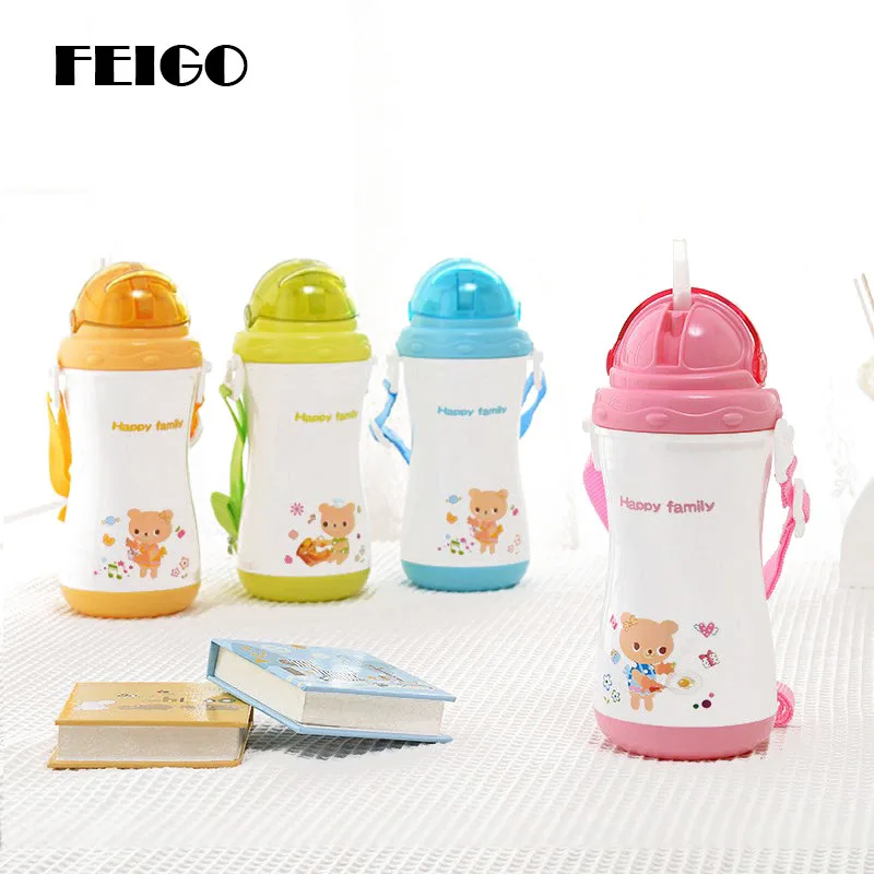 

FEIGO 300ml Children Water Bottle 400ML With Straw Plastic Drinking Bottles BPA Free Lovely Cartoon Portable Camping bottle F620