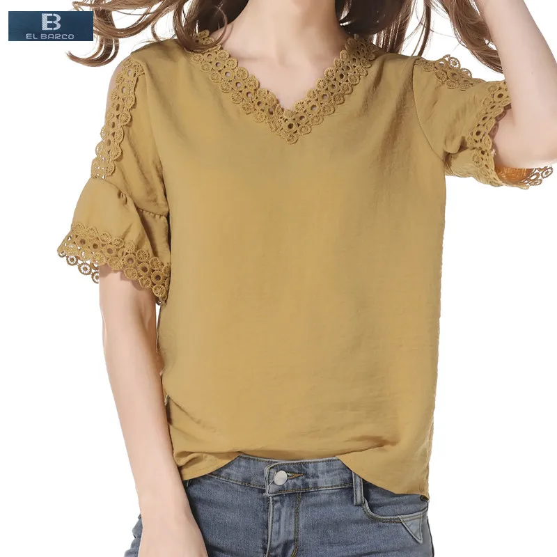 Женская кружевная шифоновая блузка [EL BARCO] голубая или розовая Повседневная