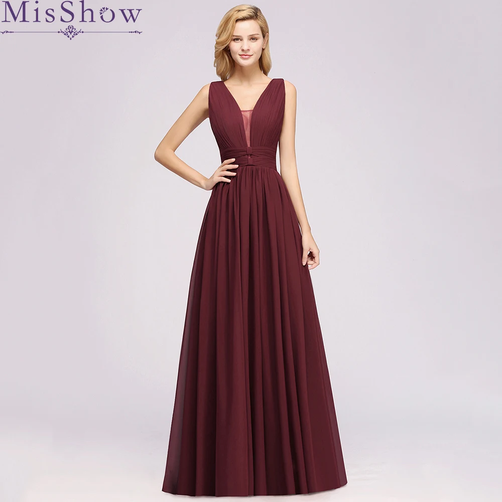 

[Custom-made] Sexy Bridesmaid Dresses 2019 V-Neck Tulle Pleat Chiffon Burgundy Women for Wedding Party Dress