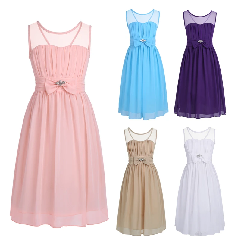 Girls Darling Sweetheart Chiffon Gown Bow Crystal Flowers Dresses Teenage Child Bridesmaid Birthday Party Formal Dress | Детская одежда