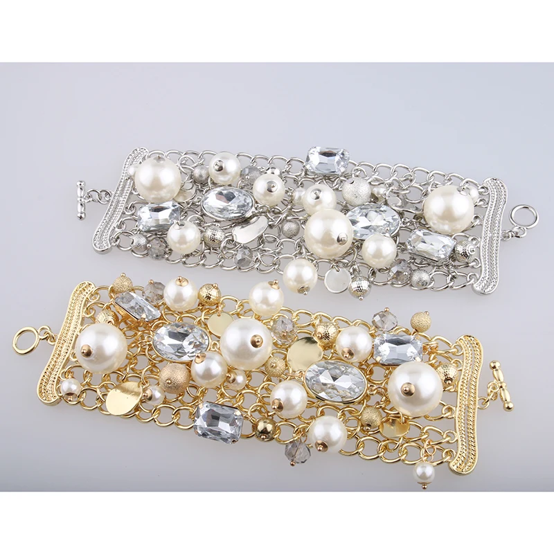 Женский браслет в стиле ретро большие стразы с жемчугом и кристаллами|pearl