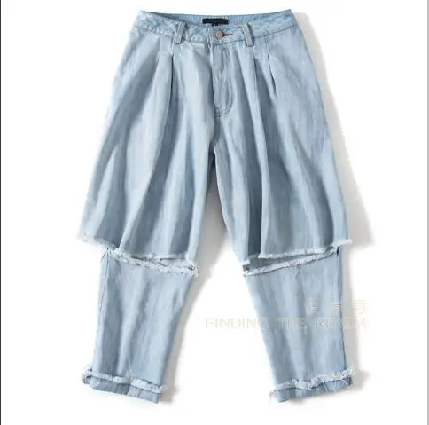 2018 New False Two Jeans Women Trousers Holes Knee Street Light Blue Denim Pants Autumn Wear |