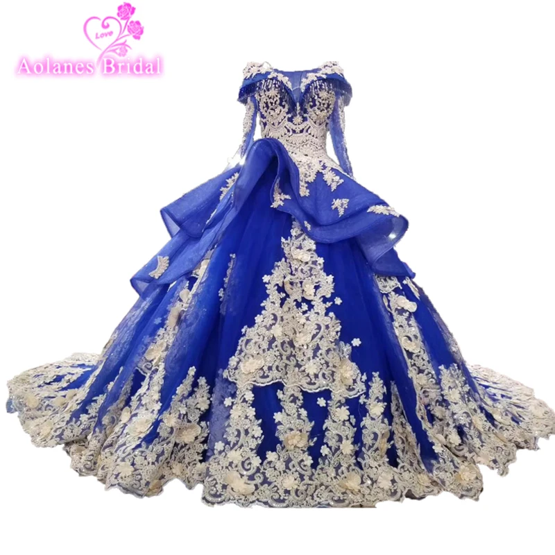 AOLANES 2018 New Bridal Dress Banquet Luxury Royal Blue Lace Appliques Beading Wedding Dresses Custom Made High-end Gowns | Свадьбы и