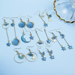Женские длинные серьги с голубой эмалью, круглые асимметричные серьги с изображением Луны и звезды, 2018