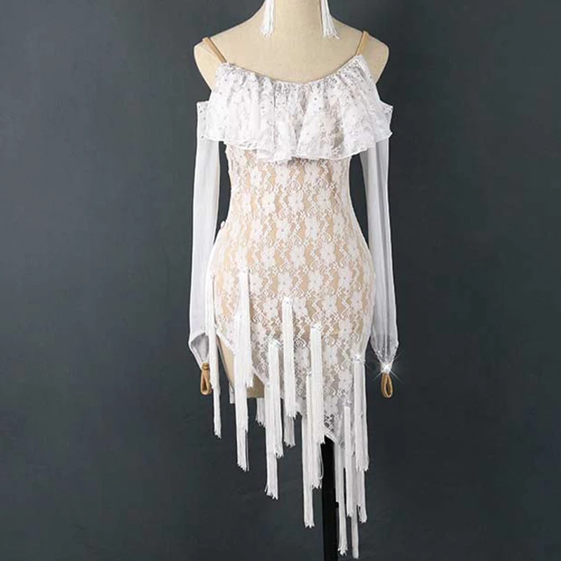 Женское платье для латиноамериканских танцев черное кружевное танцевальное