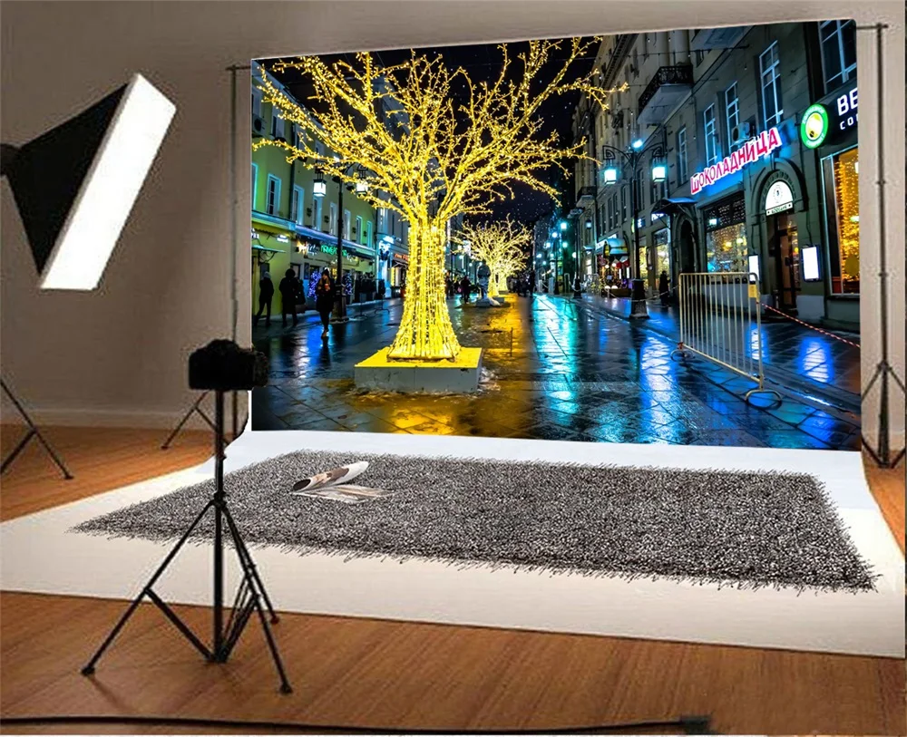 Laeacco Town Gold Tree Street вечерние Square Night Scenic Photography фоны для фотографий Backdrops |