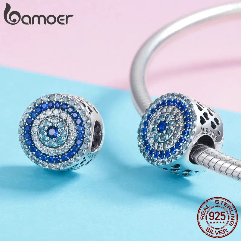 BAMOER новые модные 925 пробы серебряные голубой глаз Lucky синий кубического циркония Бусы Подвески fit Цепочки и ожерелья Браслеты, сделай сам, ювелирное изделие SCC915