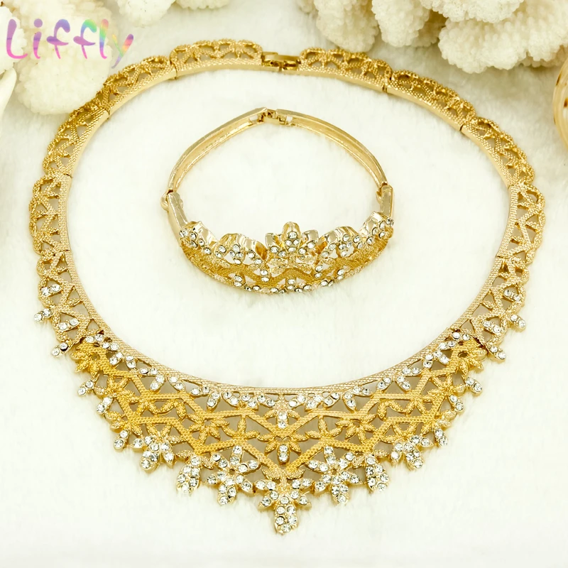 Luxury Dubai Jewelry Sets Bridal Jewelry Crystal Necklace Gold Ring Earrings Bracelet for Women Wedding Accessories Gifts