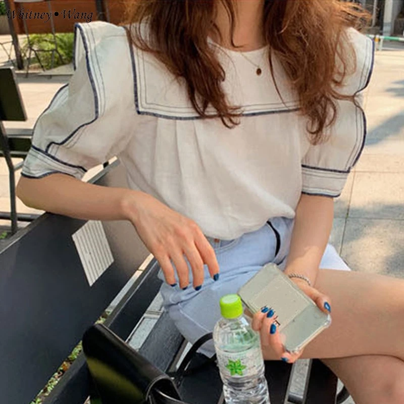 WHITNEY WANG блузки женские 2019 Летняя мода уличная полосатая окантовка матросский