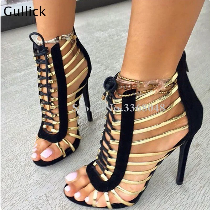 Пикантные женские туфли Gullick с открытым носком и золотыми ремешками черные