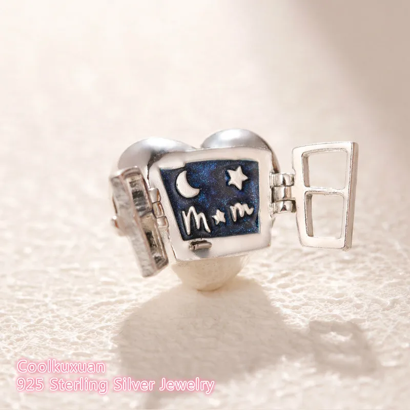  Mother's Day 100% 925 Sterling Silver Window Heart Charm Blue Enamel beads Fits Original Pandora bracelets Jewelry Making | Украшения