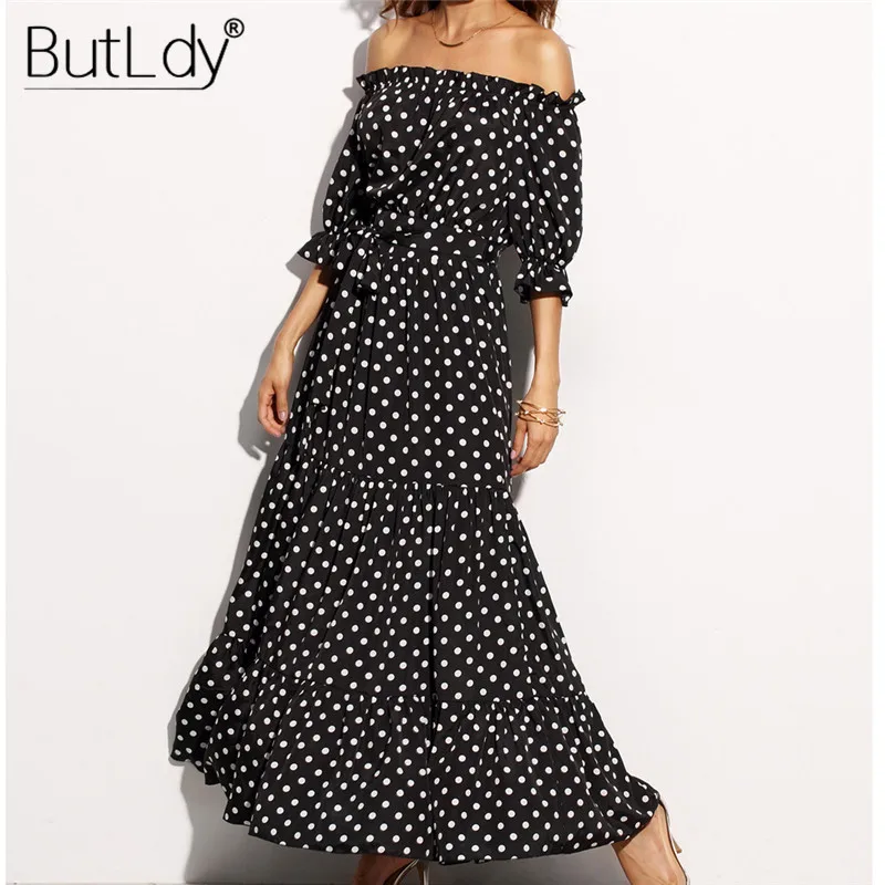 Женское длинное платье макси с принтом в горошек богемное пляжное летнее