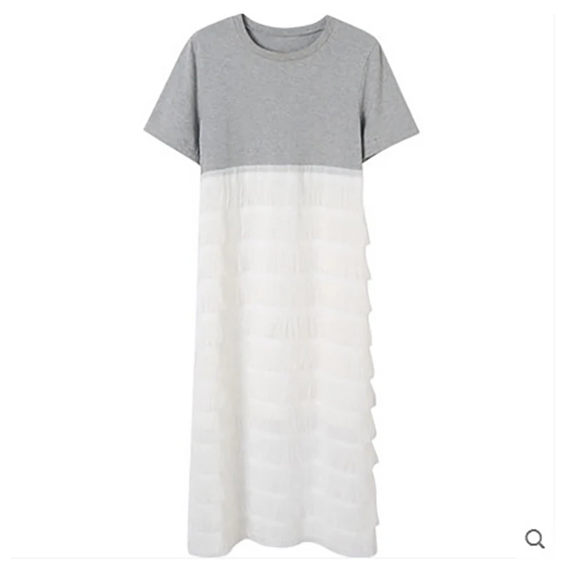 PERHAPS U black gray a line o neck layer cake dress casual summer short sleeve Tassel stitching long D1187 | Женская одежда