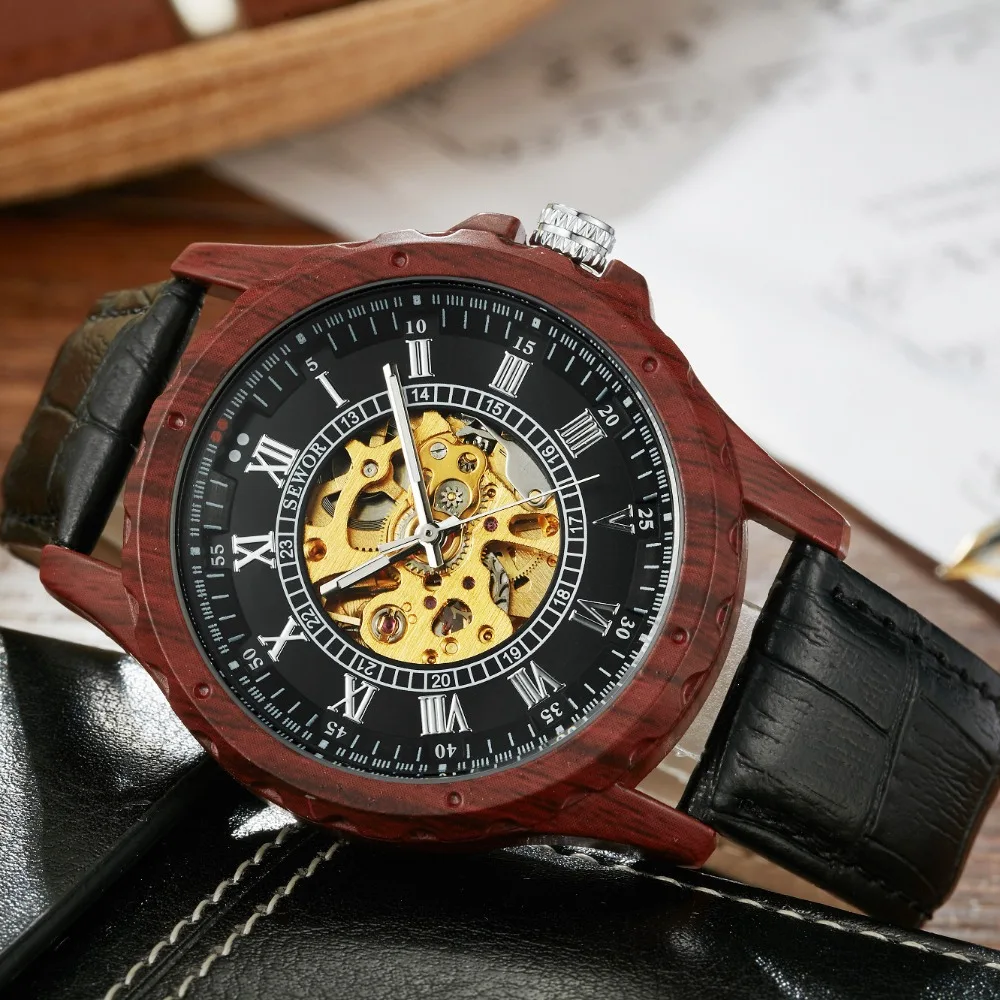 SEWOR автоматические часы для мужчин кожаный браслет автоматическая самокрутка