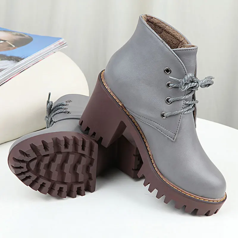Female Classic High Fashion Round Toe Thick Heels Lace-up Knight Ankle Boots Lady Black Grey Simple Vogue Martin Shoes ZX648 | Обувь