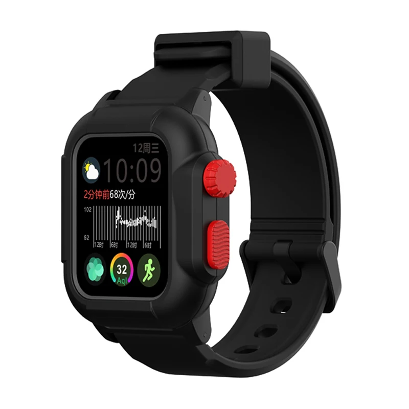 Спортивный водонепроницаемый мягкий чехол для Apple Watch Case Series 5 4 с силиконовой лентой 44 мм 40 мм ударопрочный ремешок - Цвет ремешка: Black Red button