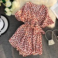 new large size womens chiffon print v neck middle sleeve jumpsuit fashion trousers skirt loose shorts rompers womens jumpsuit