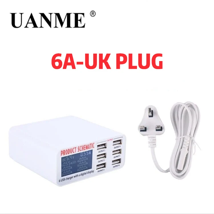 30W 6A UK PLUG UANME QC3.0 Смарт USB зарядное устройство светодиодный дисплей 6 портов Быстрая зарядка для iPhone iPad samsung huawei Xiaomi Мобильный телефон - Цвет: 30W 6A UK PLUG