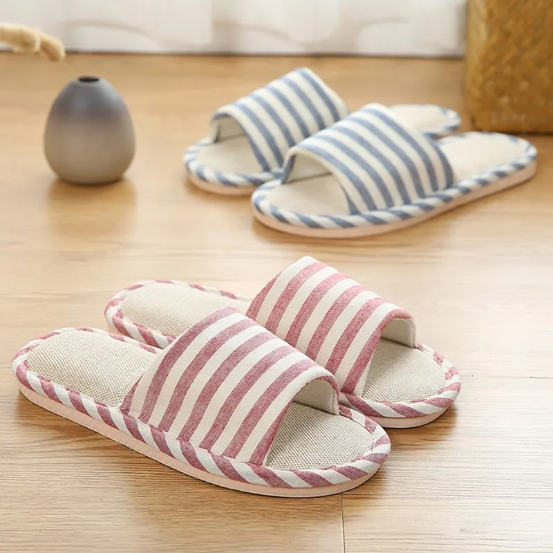 SMONSDLE 2019 spring summer autumn and winter seasons indoor linen slippers female non-slip couple horizontal stripes A154 | Обувь