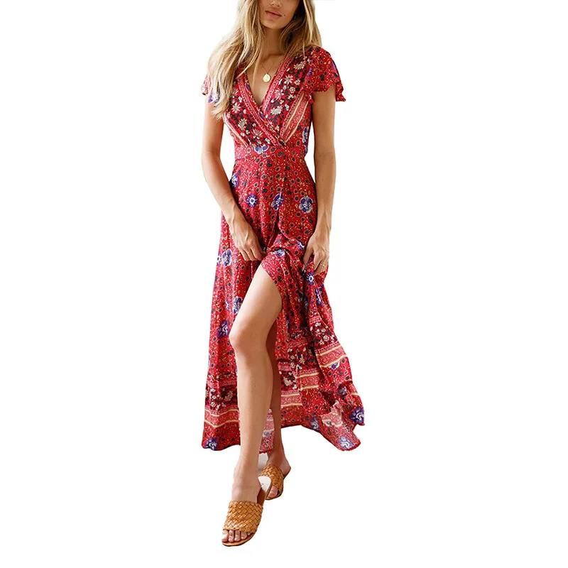 Женское длинное платье макси летнее пляжное с цветочным принтом Boho коротким