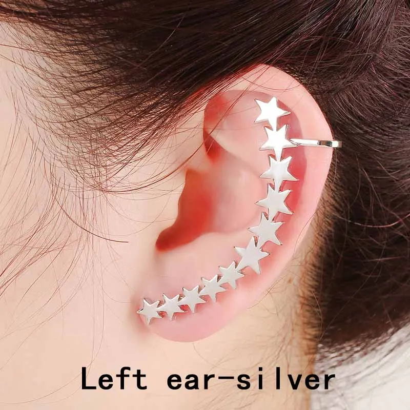 left ear silver Романтические женские серьги, модные 9 звезд, цинковый сплав, Кафф для ушей, подарок для девушек, изогнутые ювелирные изделия, аксессуары, клипсы, серьги - Окраска металла: left ear silver