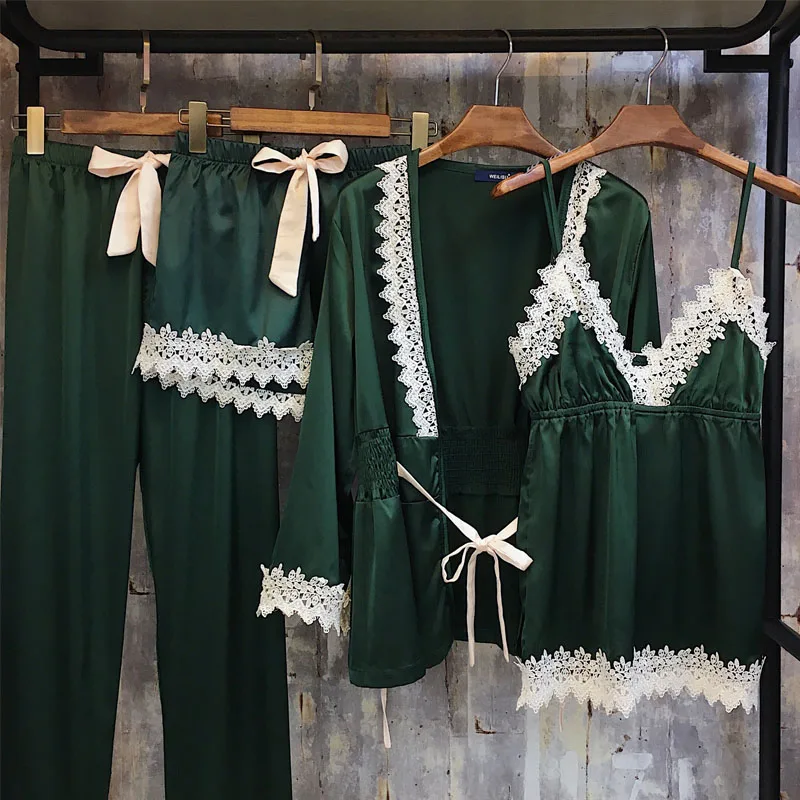 green(45-63kg) Новые атласные женские пижамные комплекты из 4 предметов женские пижамы Сексуальная кружевная женская пижама Элегантная Шелковая пижама домашняя одежда - Цвет: green(45-63kg)