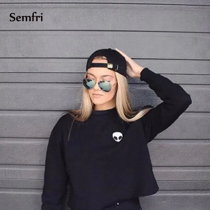 Semfri Women Fleece Aliens Printing Hoodies Sweatshirts Harajuku Crew Neck Sweats Clothing Feminina Loose Short Warm | Женская одежда