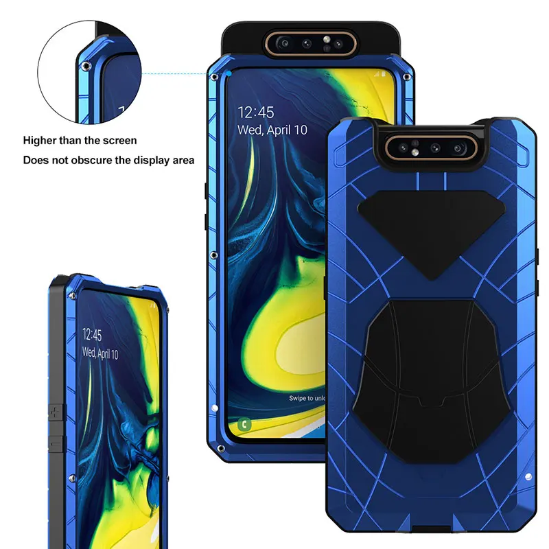 For Samsung Galaxy A80 Phone Case Hard Aluminum Metal Tempered Glass Screen Gift Protector Cover Heavy Duty Protection Cover
