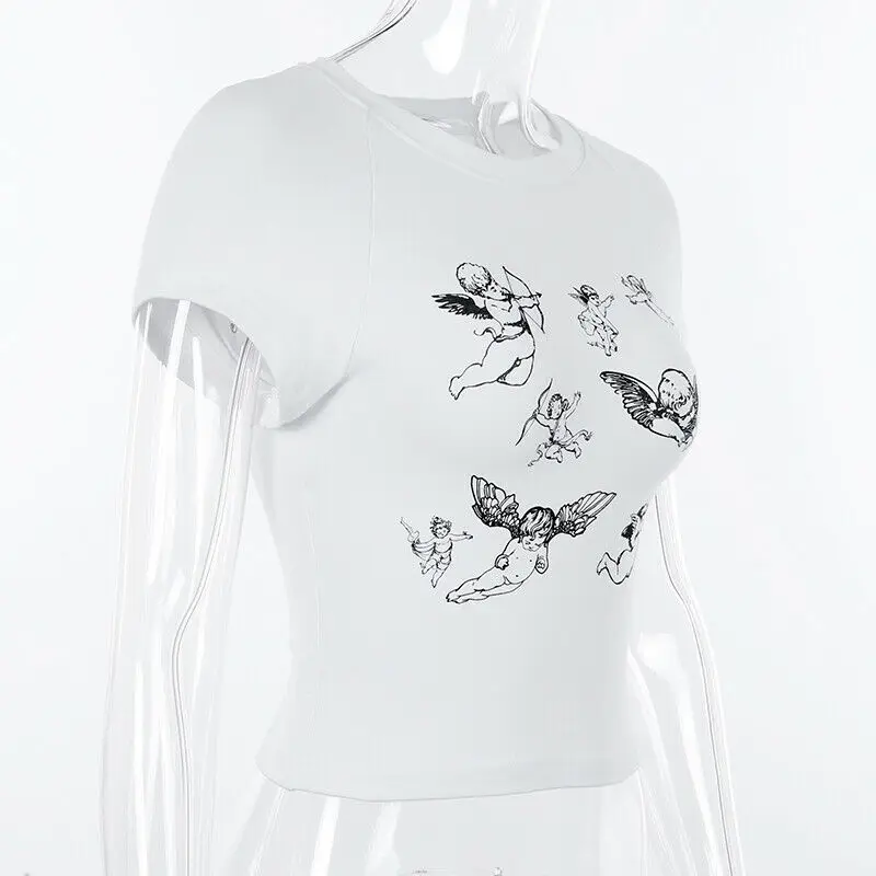 

Fashion Womens Summer Cotton Short Sleeve Angel Print Crop Tops T-Shirt Blouse