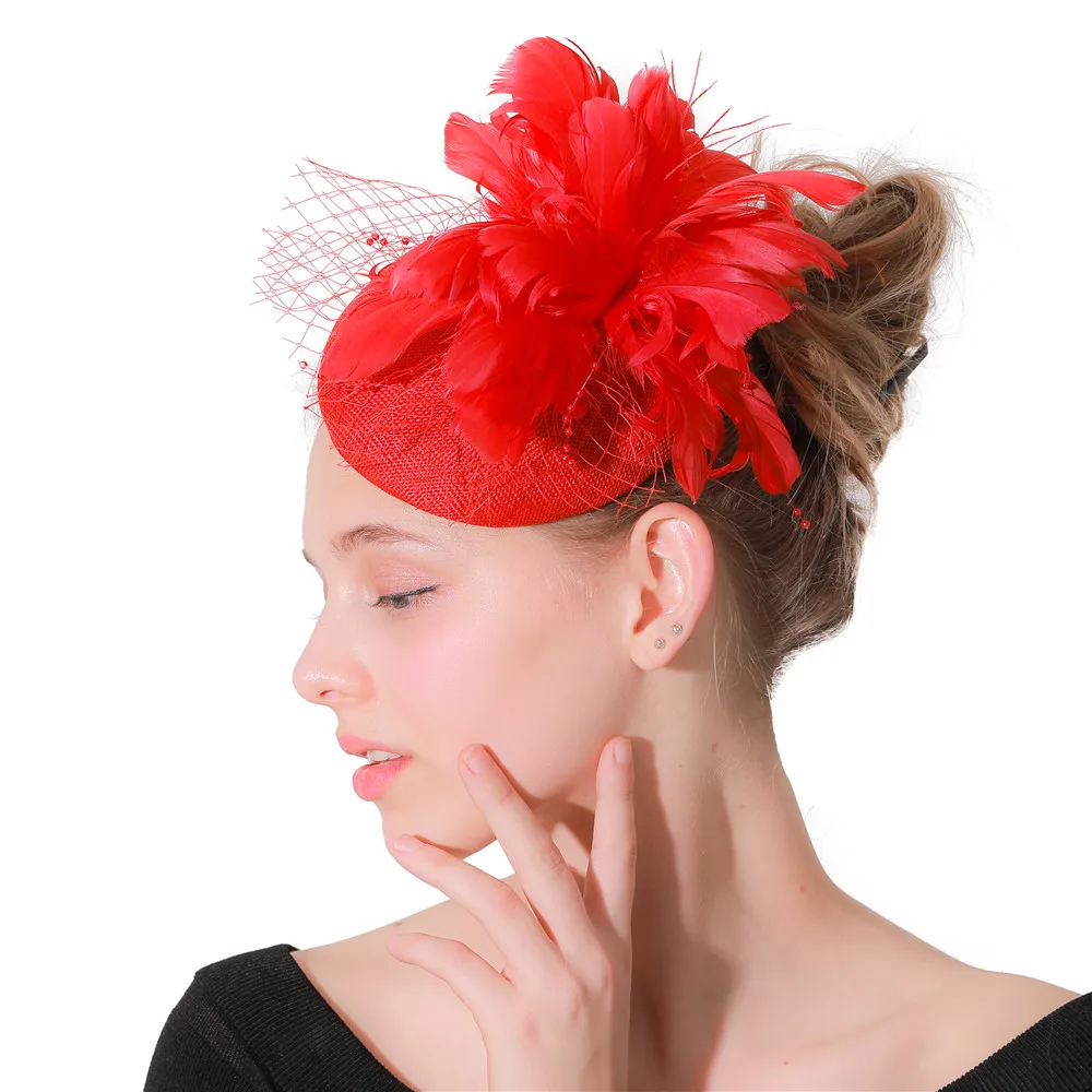 

Imitation Sinamay Red Fascinators Women Wedding Chapeau Hats Elegant Ladies Party Headwear Hair Clips Fancy Feathers Headpiece