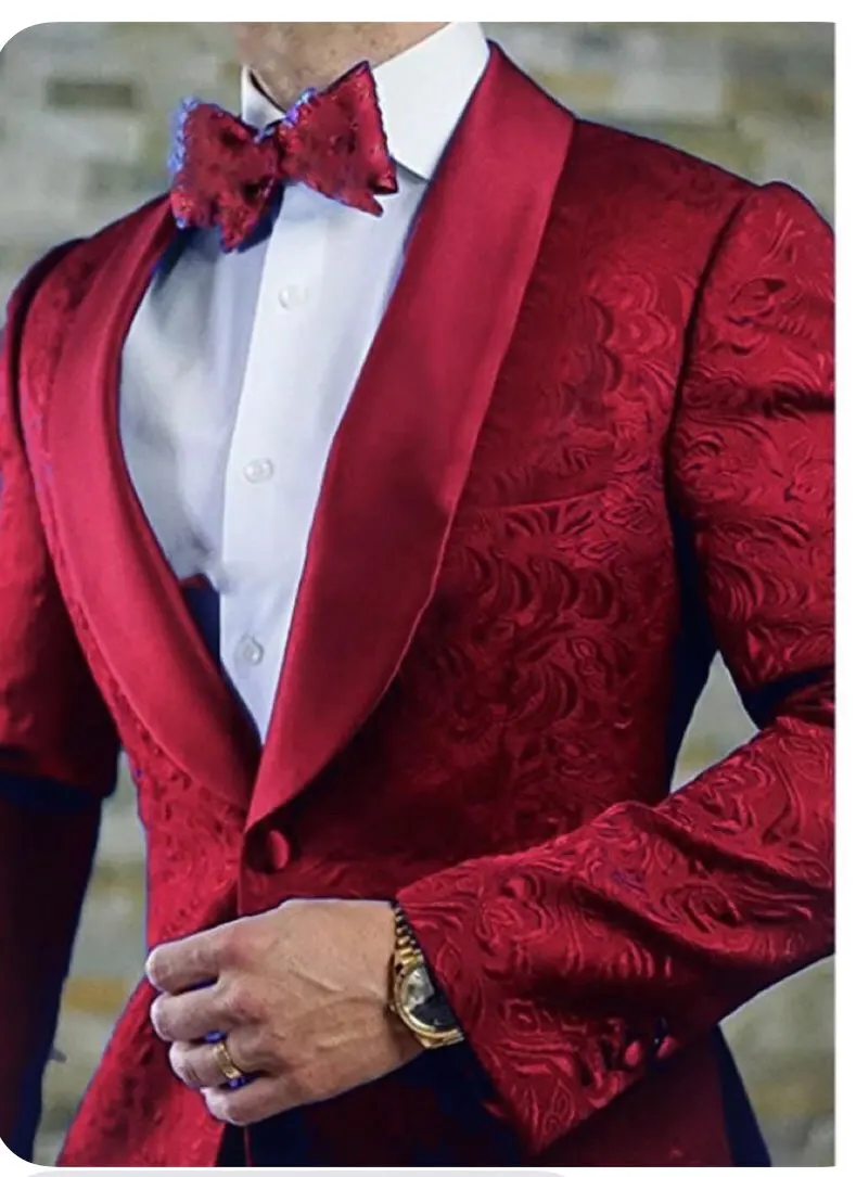 Классический стиль на одной пуговице Красный Пейсли Жених Смокинги шаль отворот