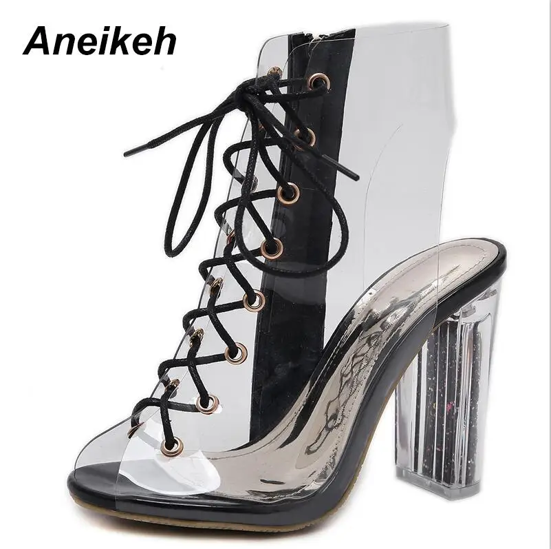 black Aneikeh/женские прозрачные ПВХ ботильоны; сандалии с открытым носком; Botas Mujer; ботинки-гладиаторы на высоком каблуке; модные блестящие ботинки на не сужающемся книзу массивном каблуке - Цвет: black