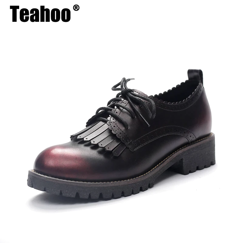 Женские туфли оксфорды на шнурках Teahoo Кожаные броги с кисточками и закругленным