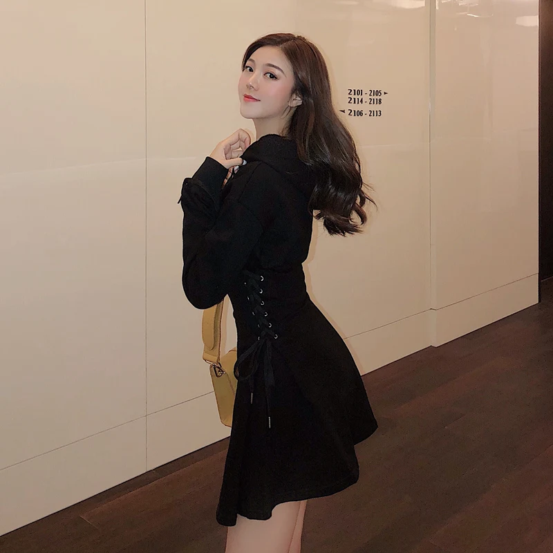 Женское винтажное платье с капюшоном повседневное однотонное в японском стиле