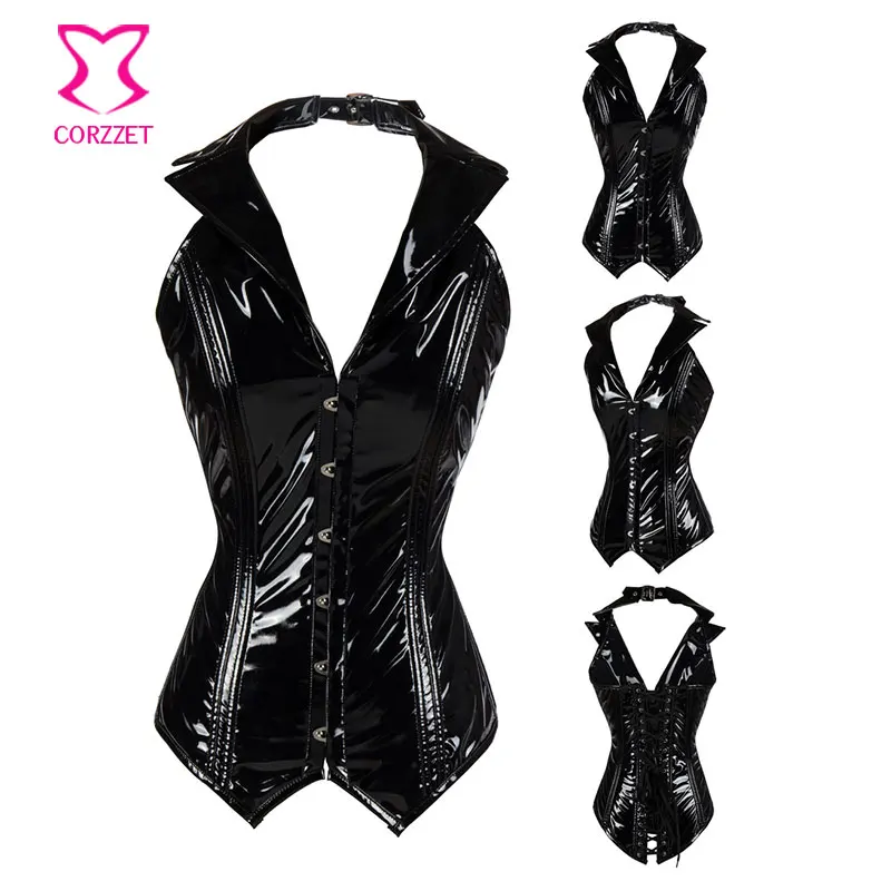 

Black Halter Collar Sexy PVC Corset Gothic Espartilhos E Corpetes Corsets And Bustiers Steampunk Clothing Women Plus Size 3XL