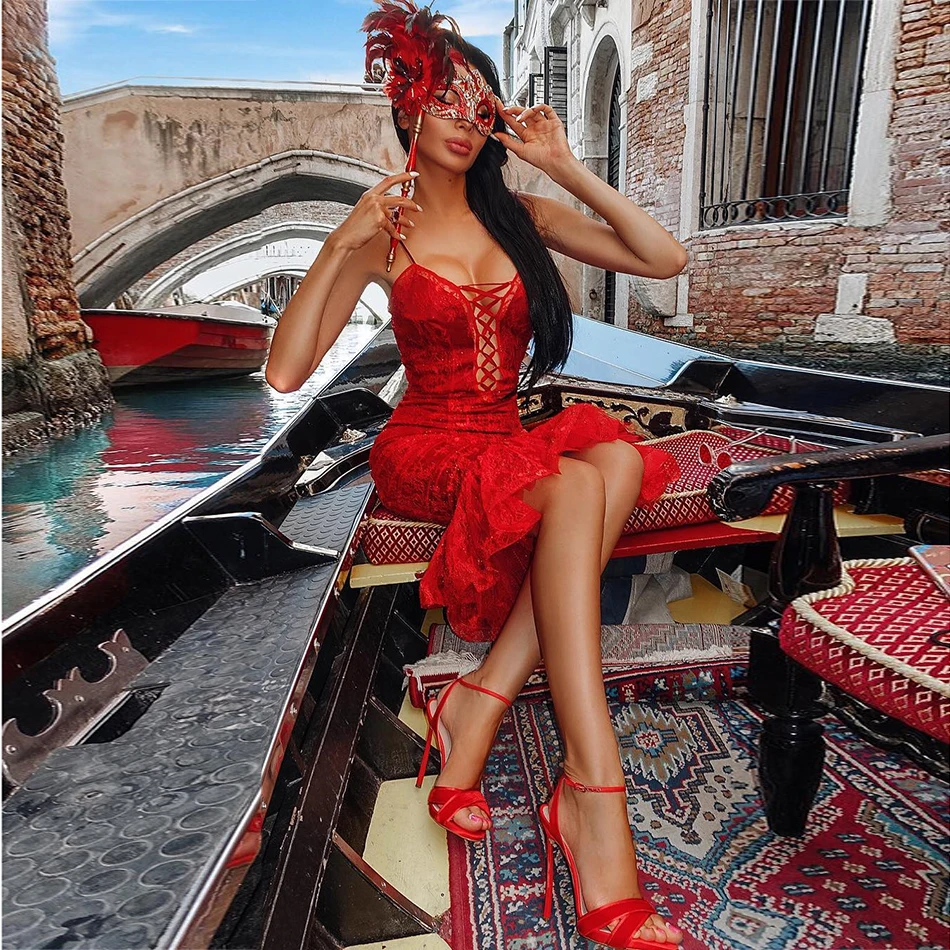 Женское кружевное платье-Русалка Modphy Красное Облегающее платье миди без рукавов