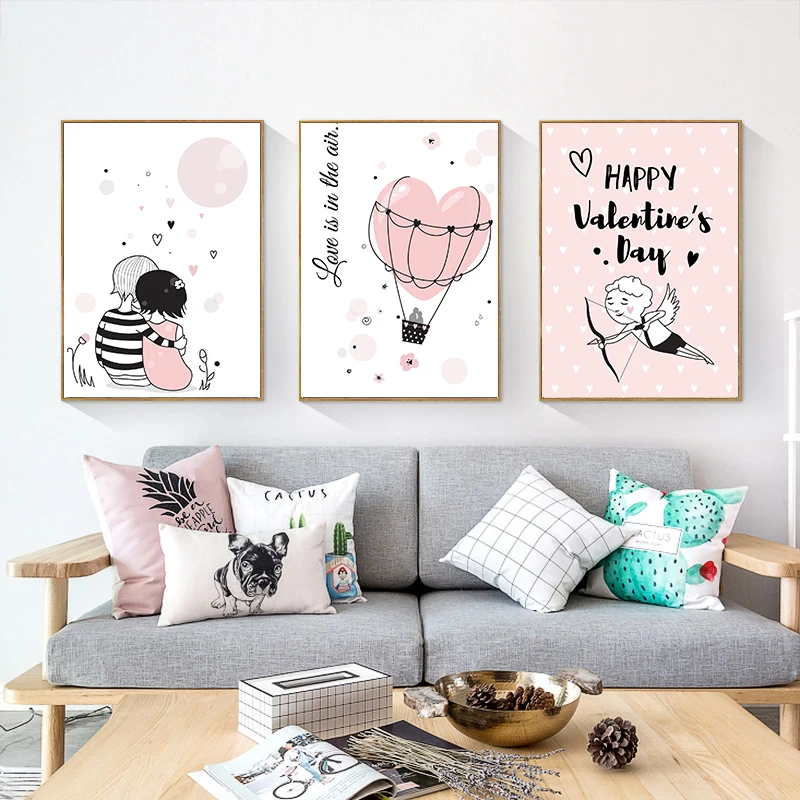 Картина на холсте скандинавский мальчик и девочка розовый мультяшный детский