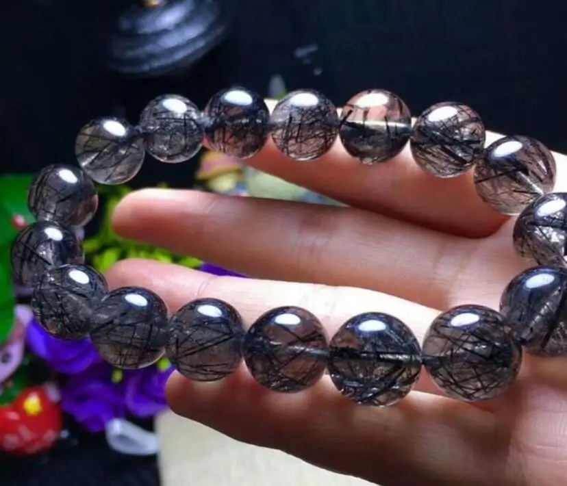 

FREE SHIPPING Natural Black Rutilated Quartz Crystal Beads Bracelet 11-12mm AAA